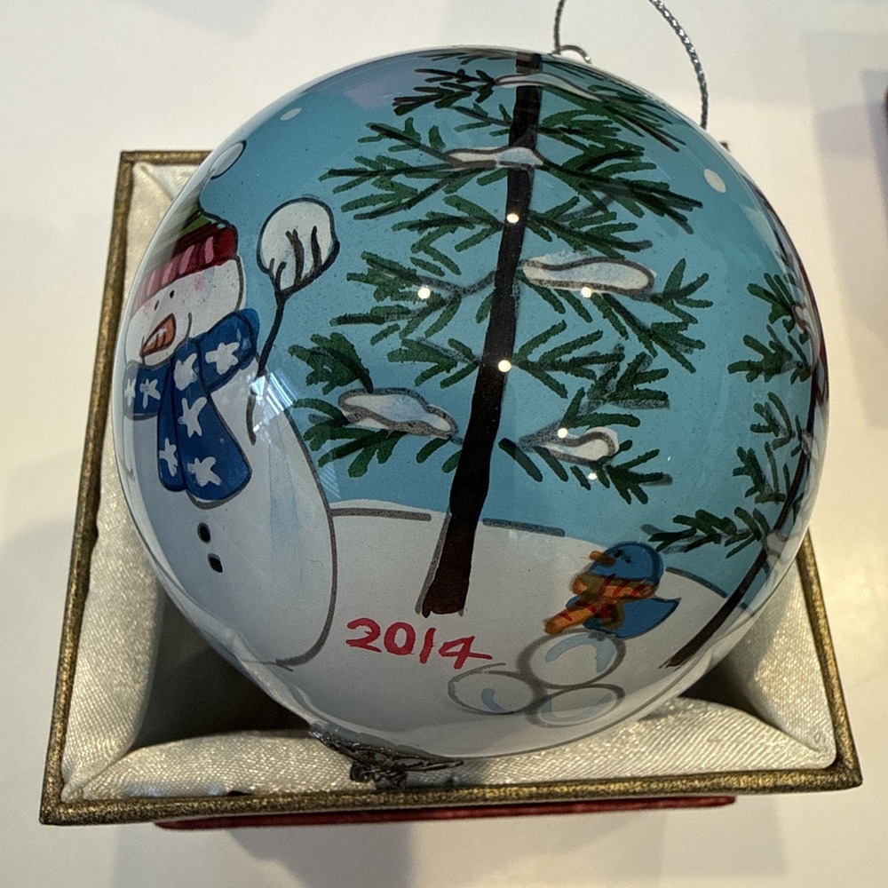 Pier 1 Li Bien 3” Christmas Ornament 2014 Snowmen With Snowballs In The Trees
